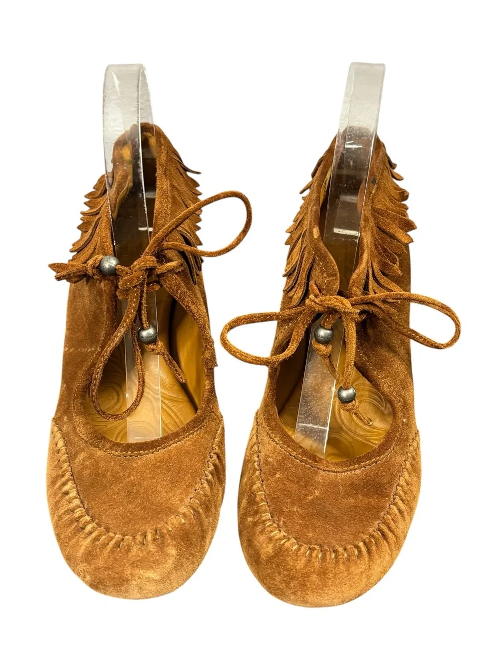 Born Corby Women’s Brown Suede Tie Moccassin fringe Heels Size US 8.5M EU 40